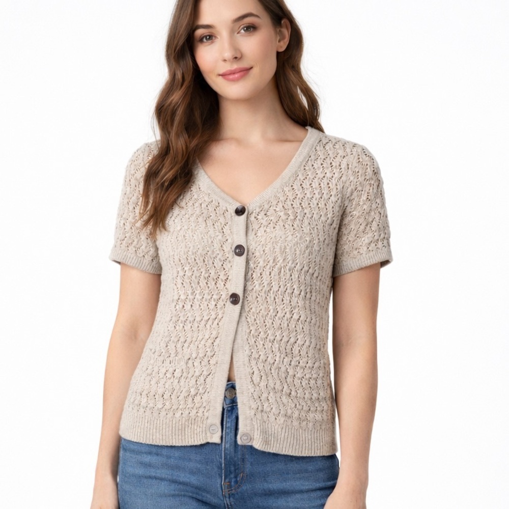 Denver Hayes Beige Open Knit Button Cardigan Top Short Sleeve Boho Coastal Beach